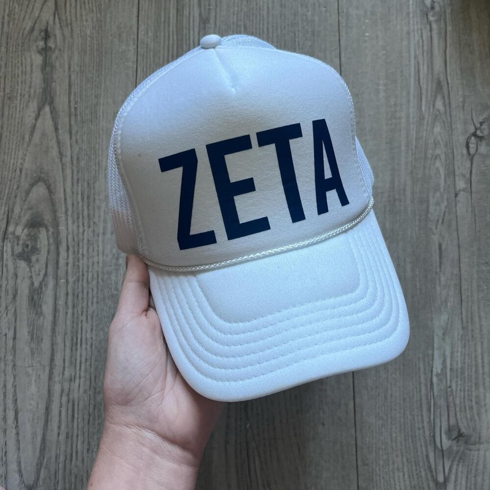 White and blue Zeta Tau Alpha trucker hat